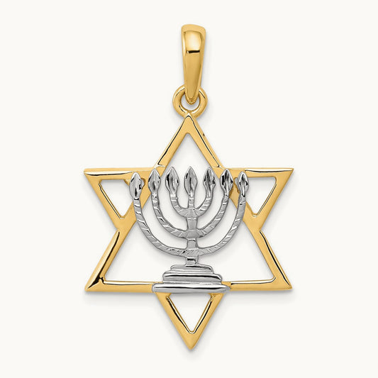 w/ White Rhodium Solid Menorah In Star Of David Charm, 14K