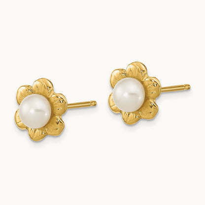 3- White Button Freshwater Cultured Pearl Post Earrings, 14K