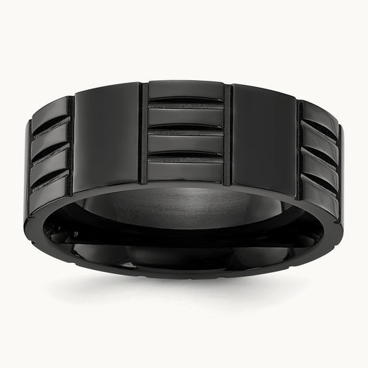 Polished Black IP-plated Grooved Band, 8mm, Titanium
