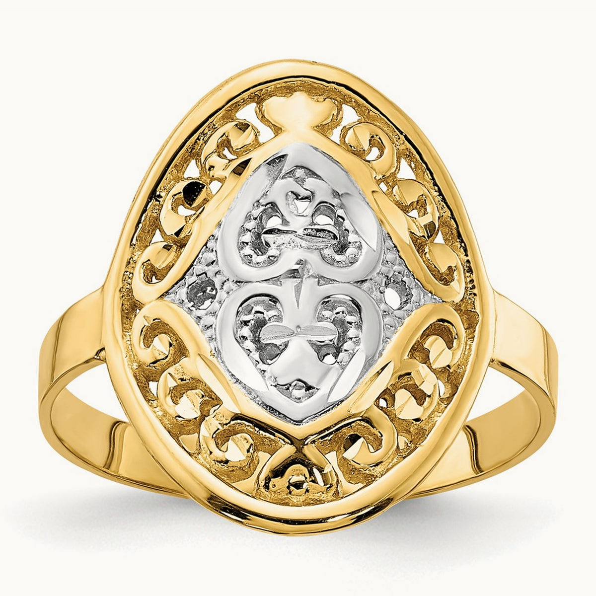 w/Rhodium Oval Shield and Hearts Ring, 14K