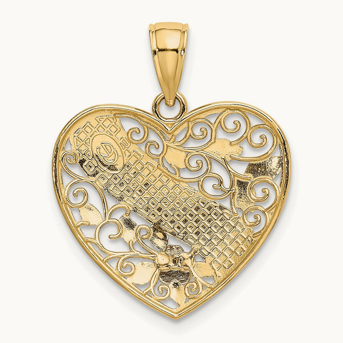 Rhodium GRANDMA In Filigree Heart w/ Flowers Charm, 14K Two-tone White