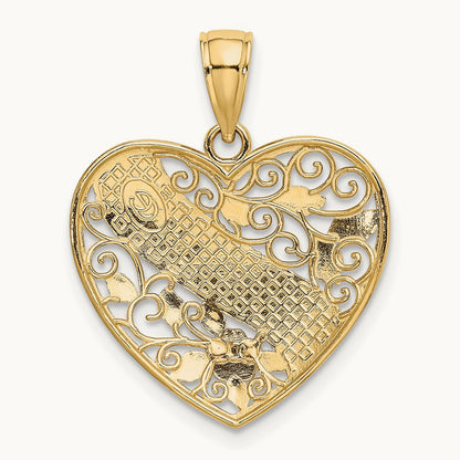 Rhodium GRANDMA In Filigree Heart w/ Flowers Charm, 14K Two-tone White