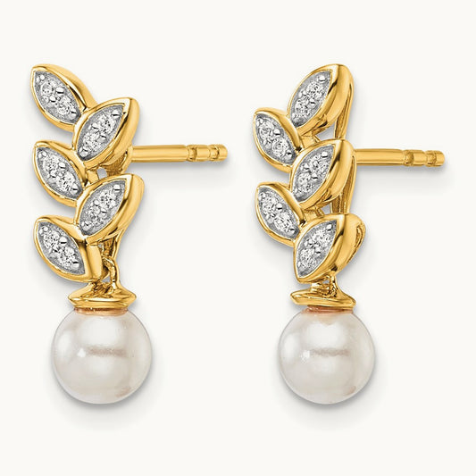 Polished Diamond and Pearl Leaf Dangle Post Earrings, 14K