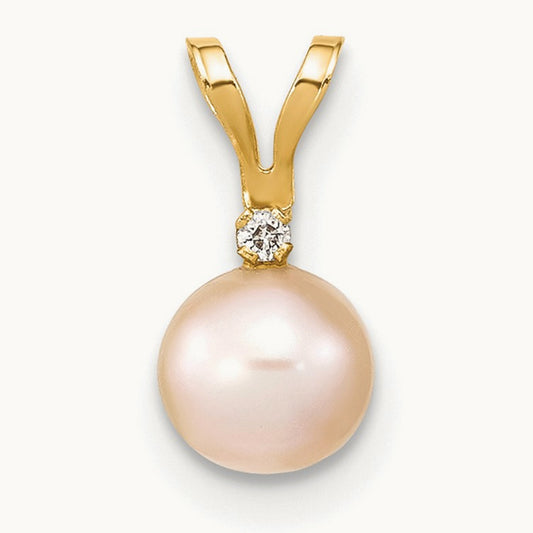5- Round Pink Freshwater Cultured Pearl Diamond Pendant, 6mm, 14K