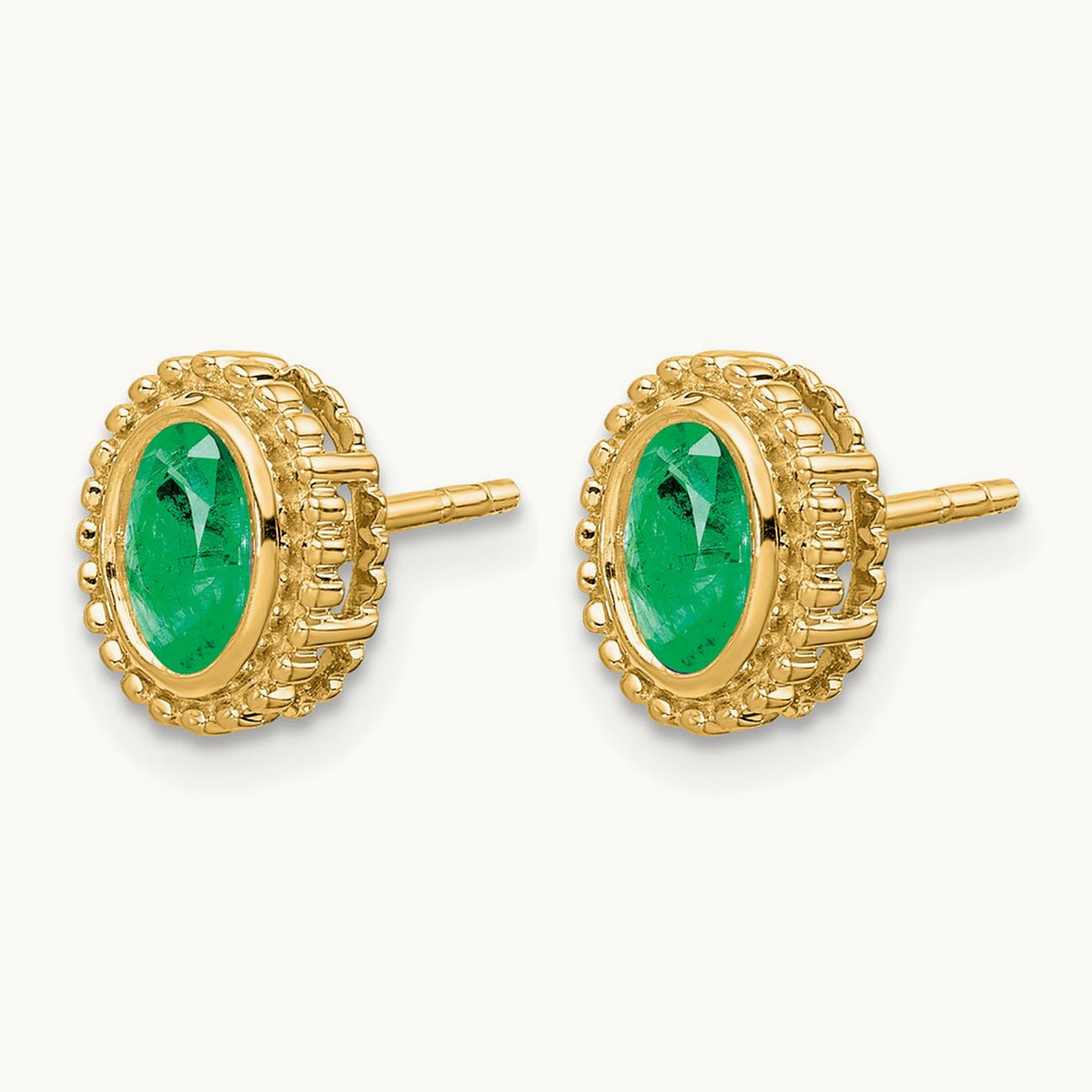 Oval Emerald Post Earrings — 14K Yellow Gold