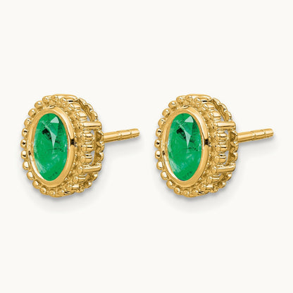 Oval Emerald Post Earrings — 14K Yellow Gold