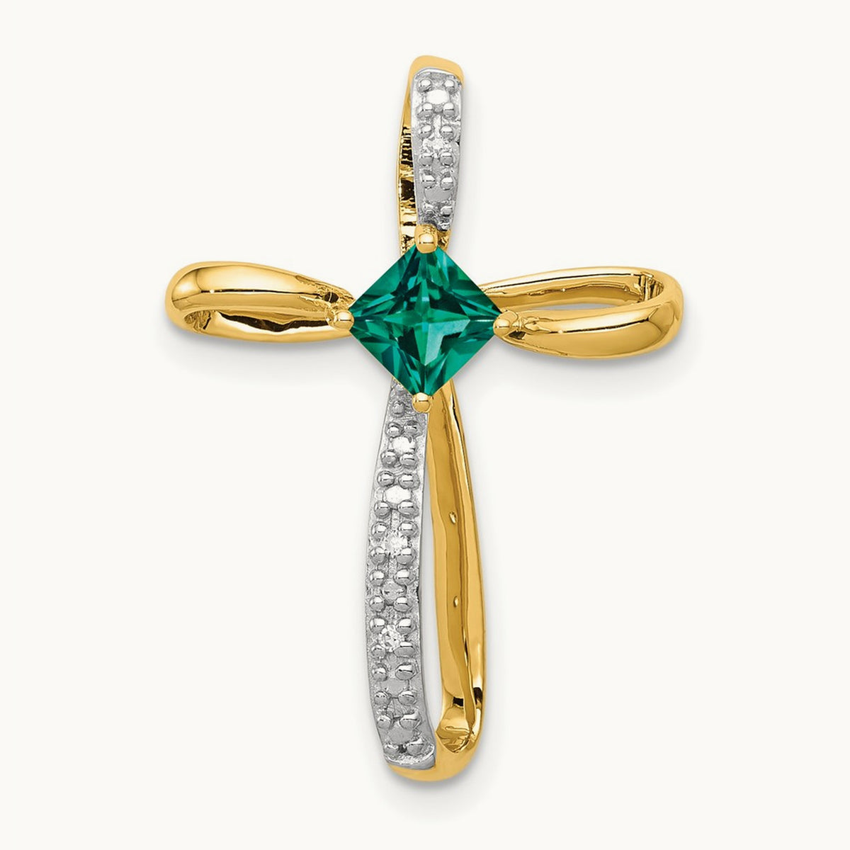 w/Rhodium Lab Created Emerald and Diamond Cross Slide, 14K