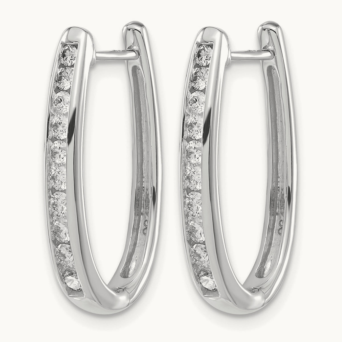 Diamond Oval Hinged Hoop Earrings — 14K White Gold