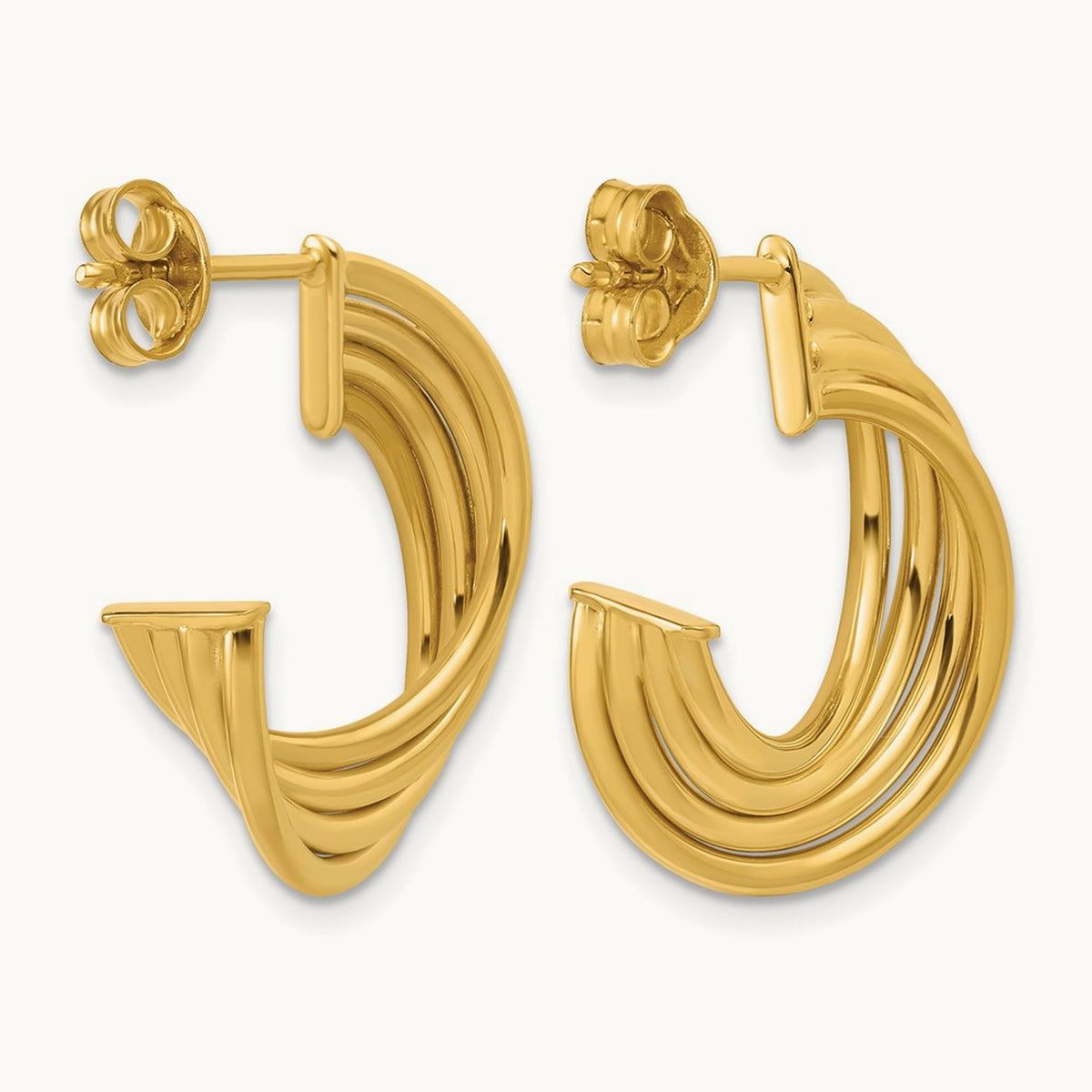 Polished 3-Row Twist J-Hoop Post Earrings — 10K Yellow Gold