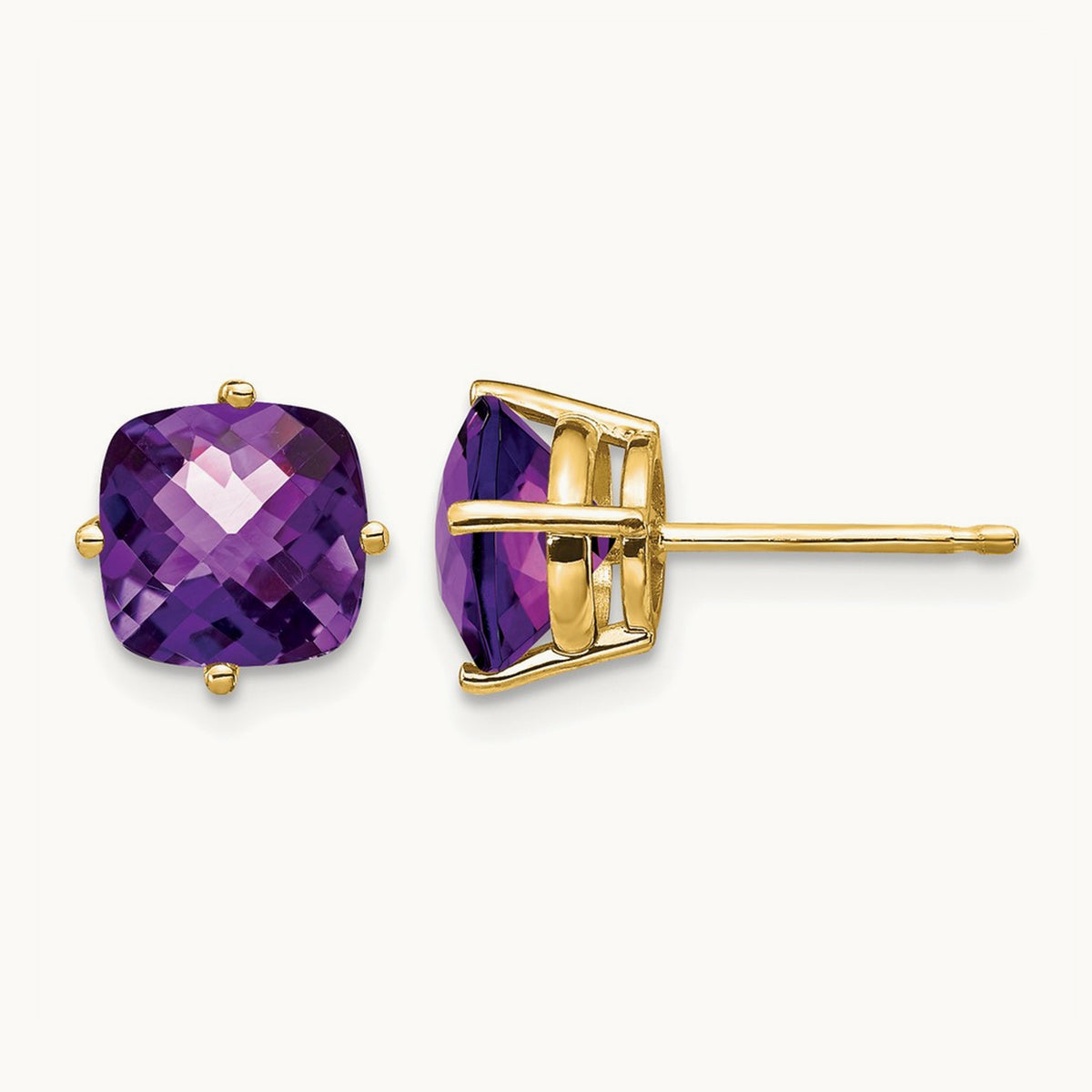 7x7mm Cushion Amethyst Checker Earring, 14K