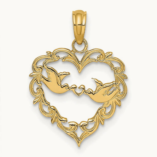 Polished Love Birds in Heart Pendant, 14K