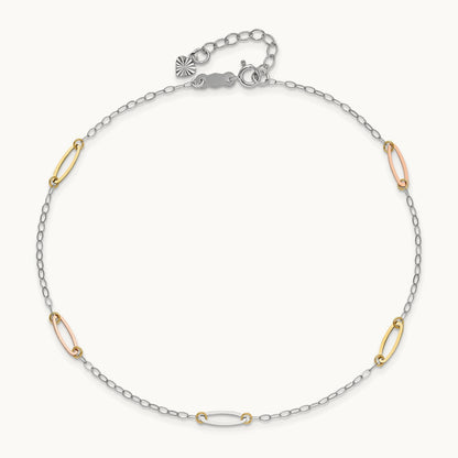 Tri-color Oval Link 9in Plus 1in Ext. Anklet, 14K