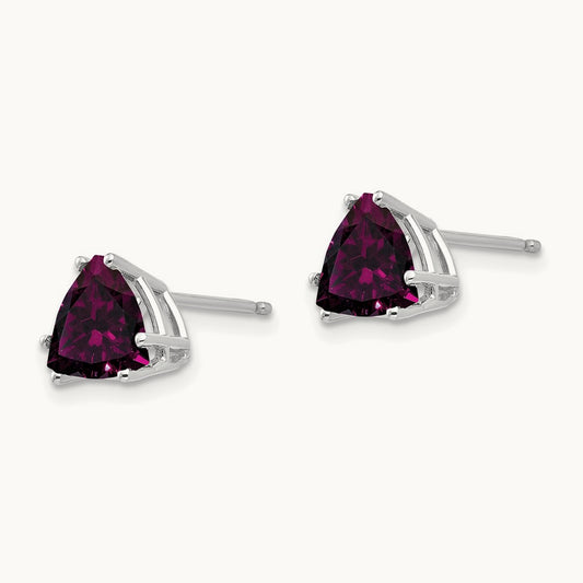Rhodolite Garnet Trillion Stud Earrings, 14K White Gold