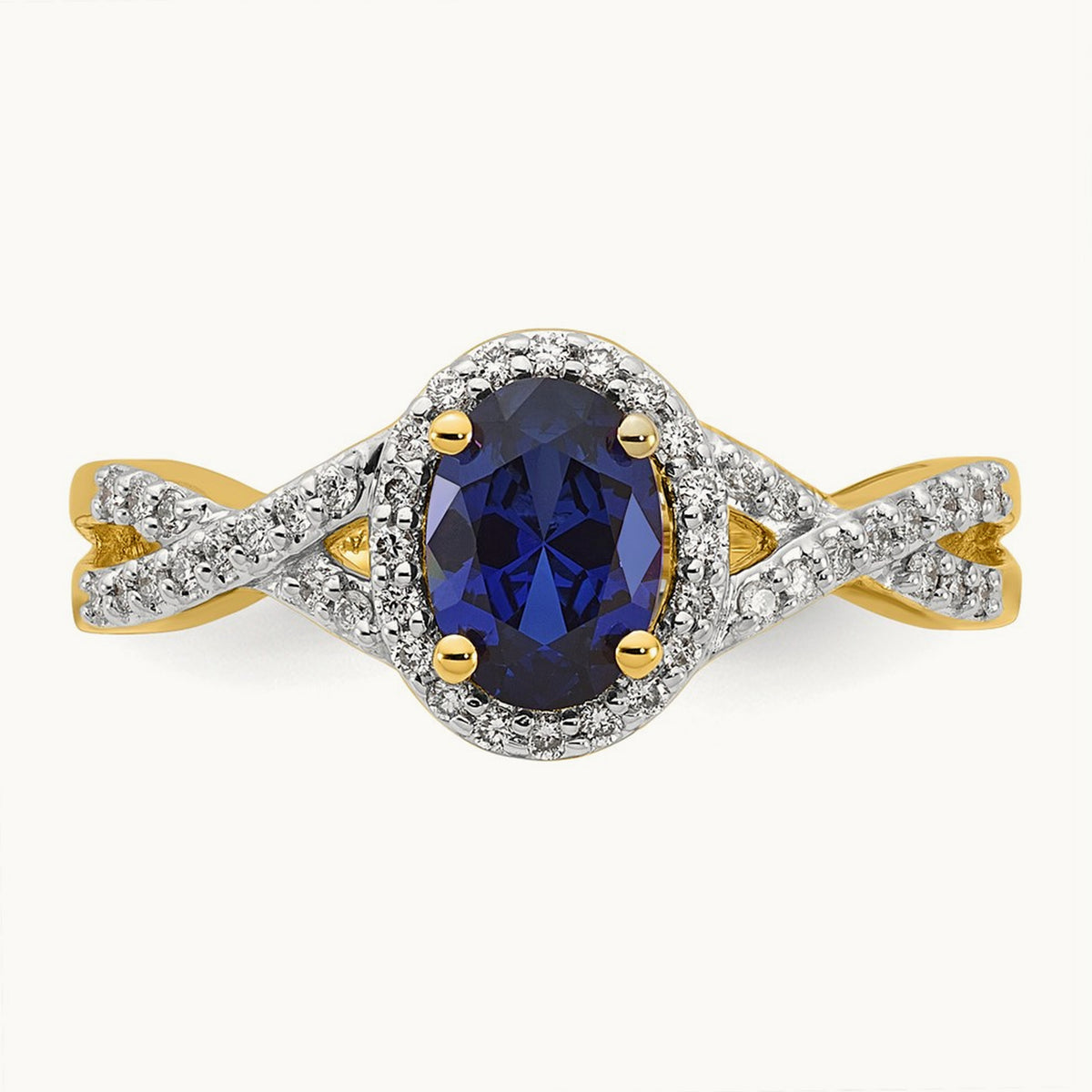 Created Blue Sapphire Oval Halo Ring, 0.20 ct tw Lab-Grown Diamond — 14K Yellow Gold