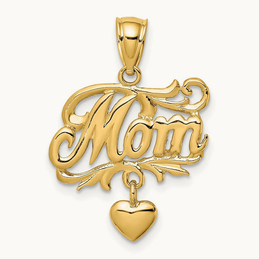 MOM w/ Dangling Heart Charm, 14K