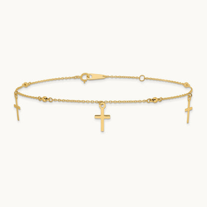 Polished and Diamond-cut Cross 9in Plus 1in extension Anklet — 14K Yellow Gold