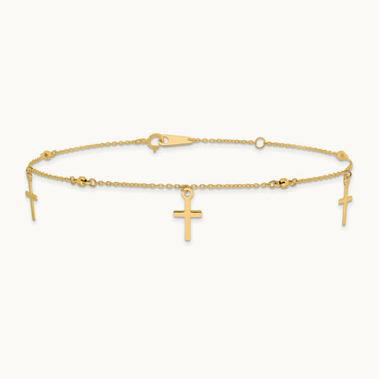 Polished and Diamond-cut Cross 9in Plus 1in extension Anklet — 14K Yellow Gold