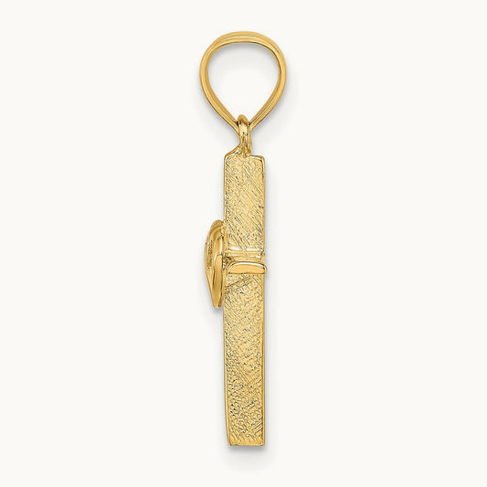 Polished Double Hearts On Stick Cross Charm, 14K