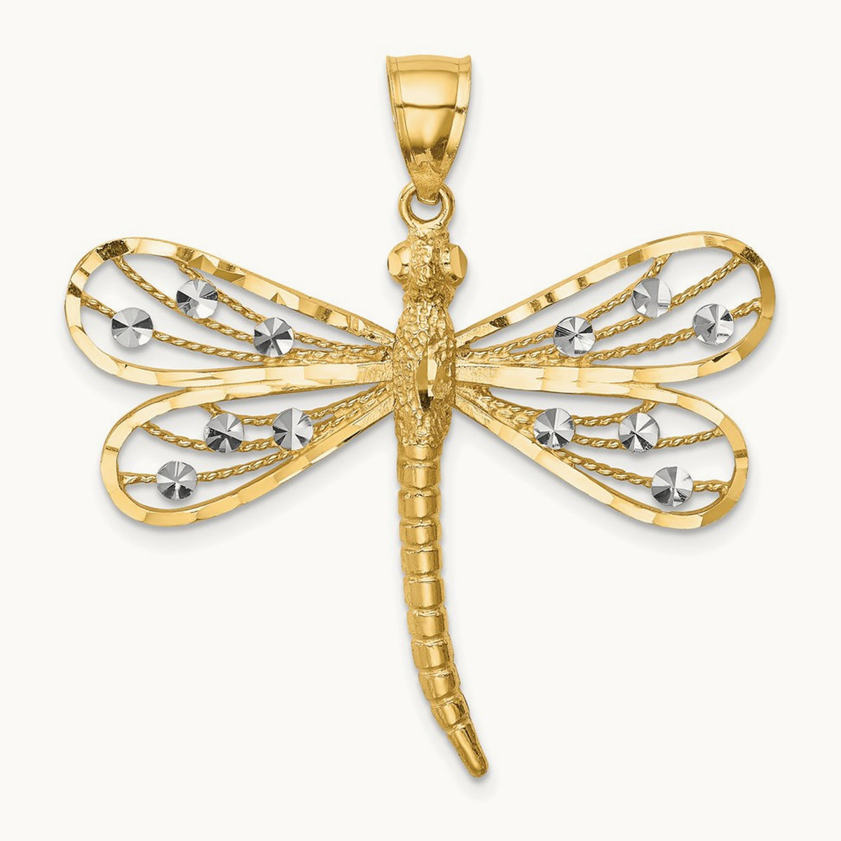 Diamond-cut Dragonfly Pendant — 14K Two-Tone Gold