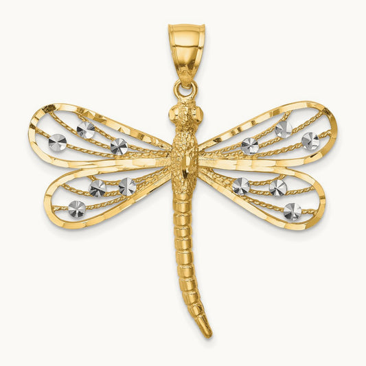 Diamond-cut Dragonfly Pendant — 14K Two-Tone Gold