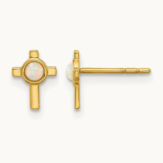 Created Opal Cross Post Earrings, 14K