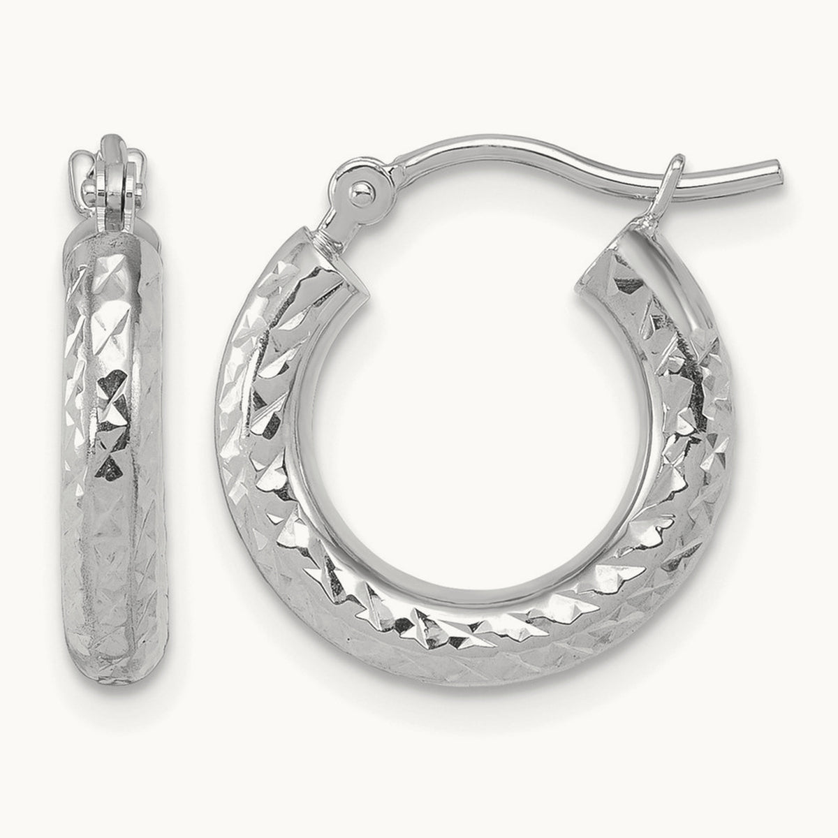Diamond-cut Round Hoop Earrings — 14K White Gold