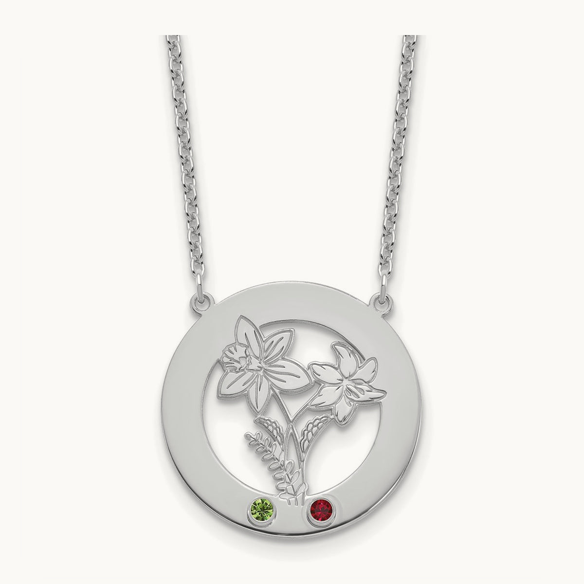SS/Rhod-plated Circle w/2 Birth Flower and Birthstone Necklace