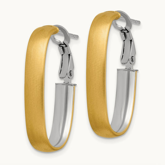 Polished and Satin Oval Omega Back Hoop Earrings, 14K with White Rhodium