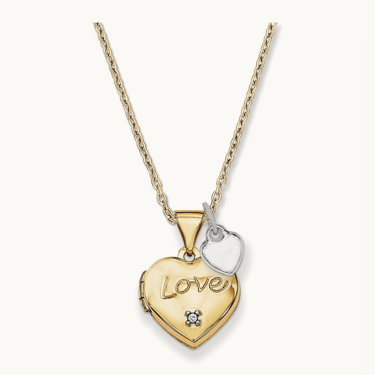Two-toned Diamond LOVE w/Heart Charm Heart Locket, 12mm, 14K