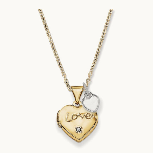 Two-toned Diamond LOVE w/Heart Charm Heart Locket, 12mm, 14K