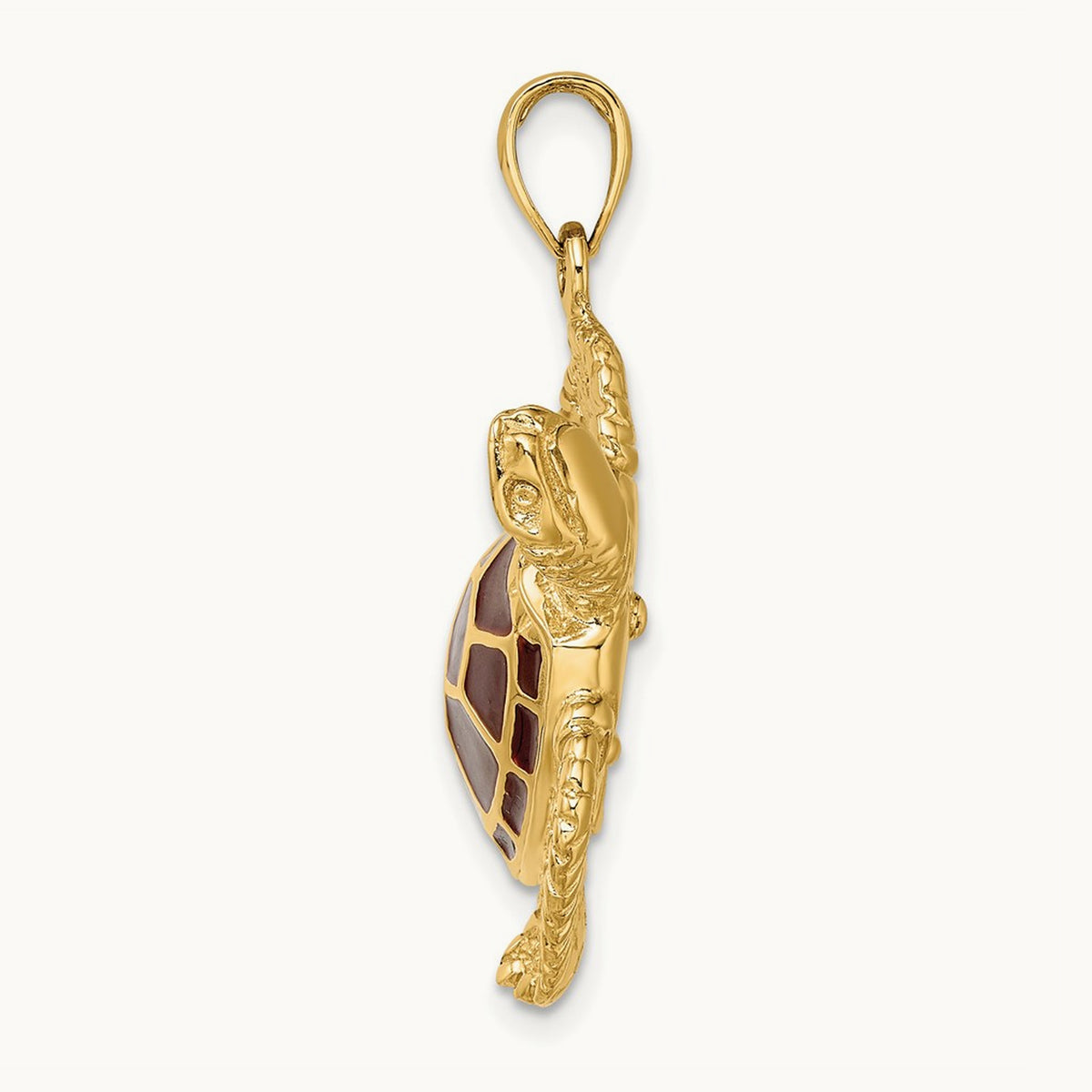 3-D Brown Enamel Large Sea Turtle Charm, 14K