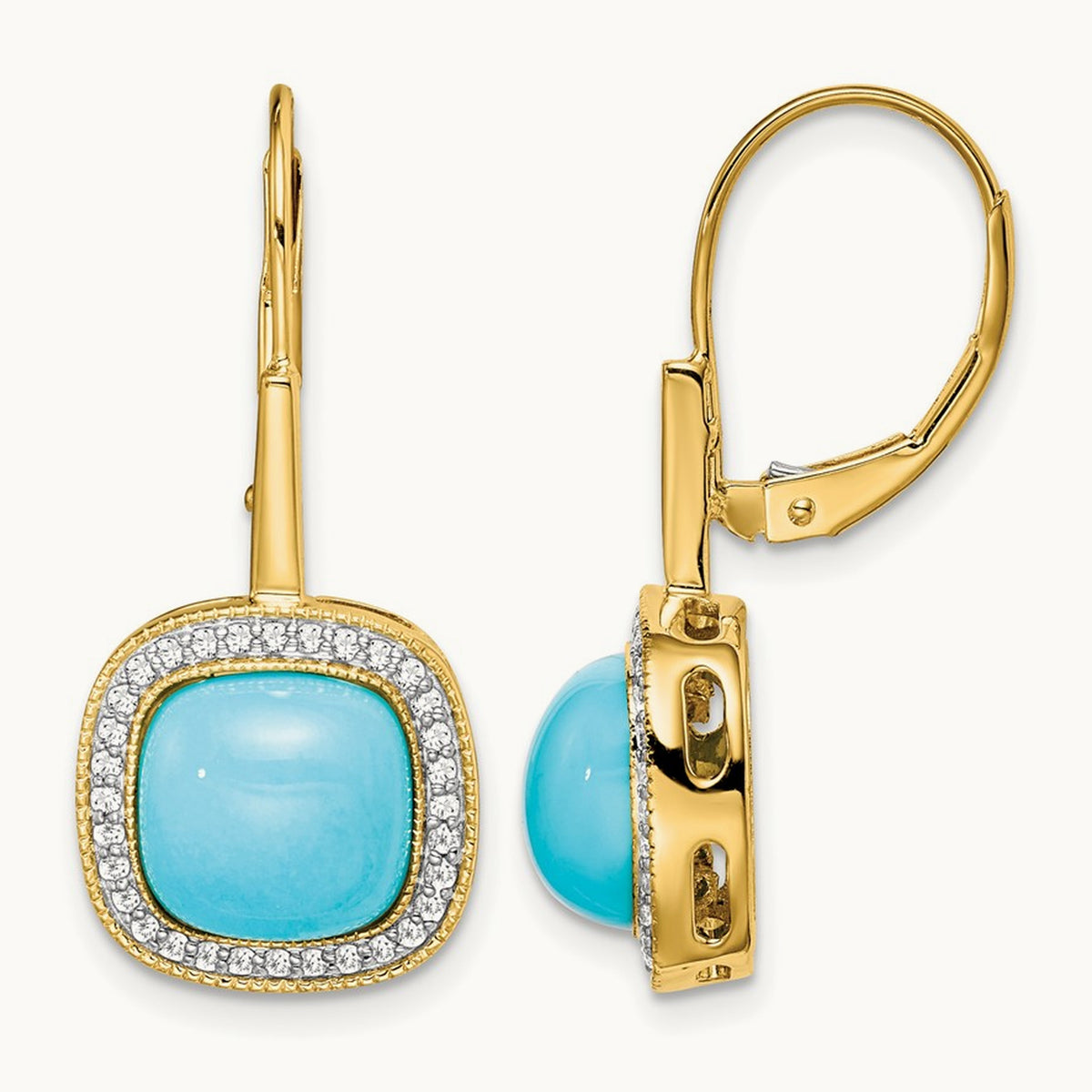 Turquoise and Diamond Leverback Earrings — 14K Yellow Gold