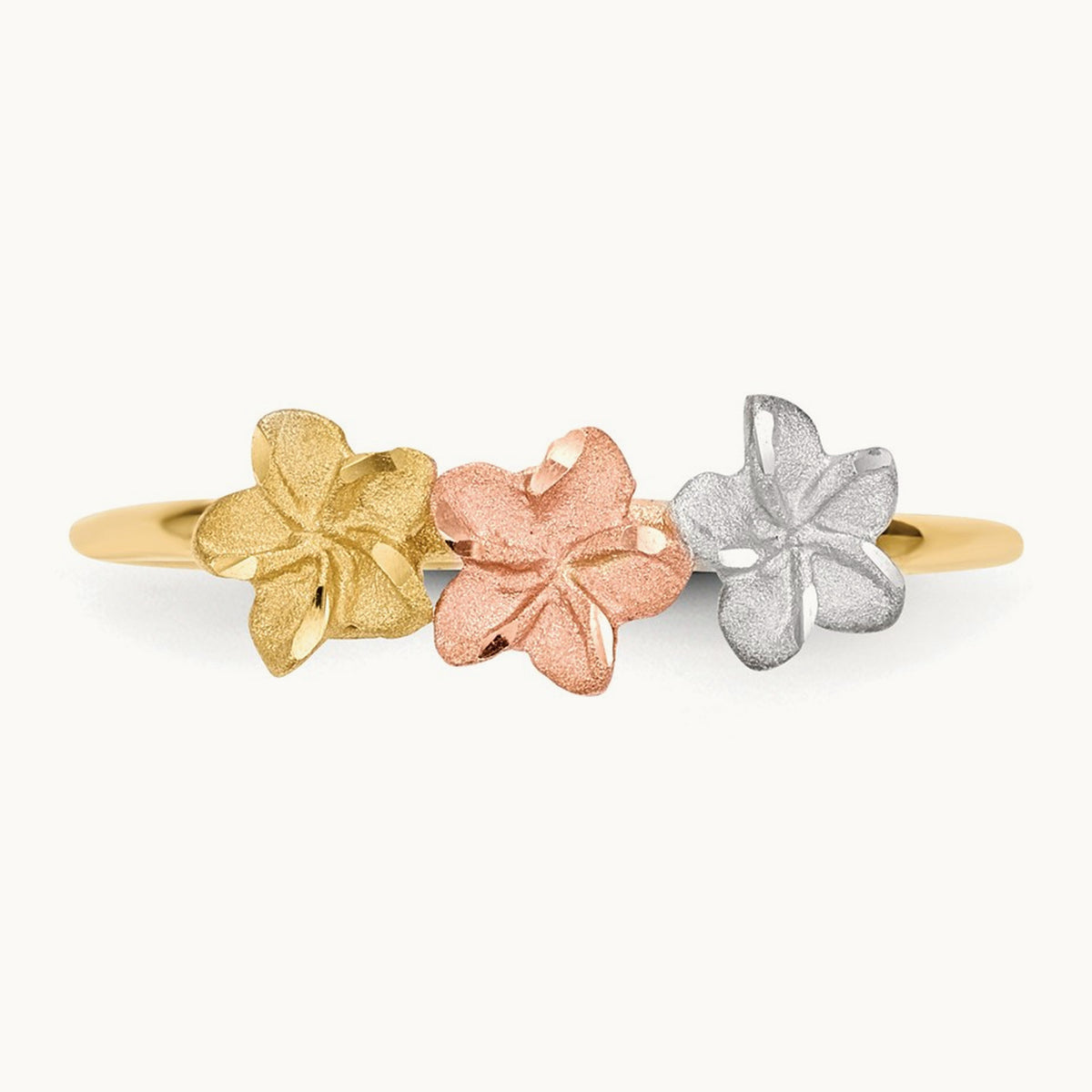 w/White Rhodium Polished and Satin 3 Flower Ring, 14K Two-tone