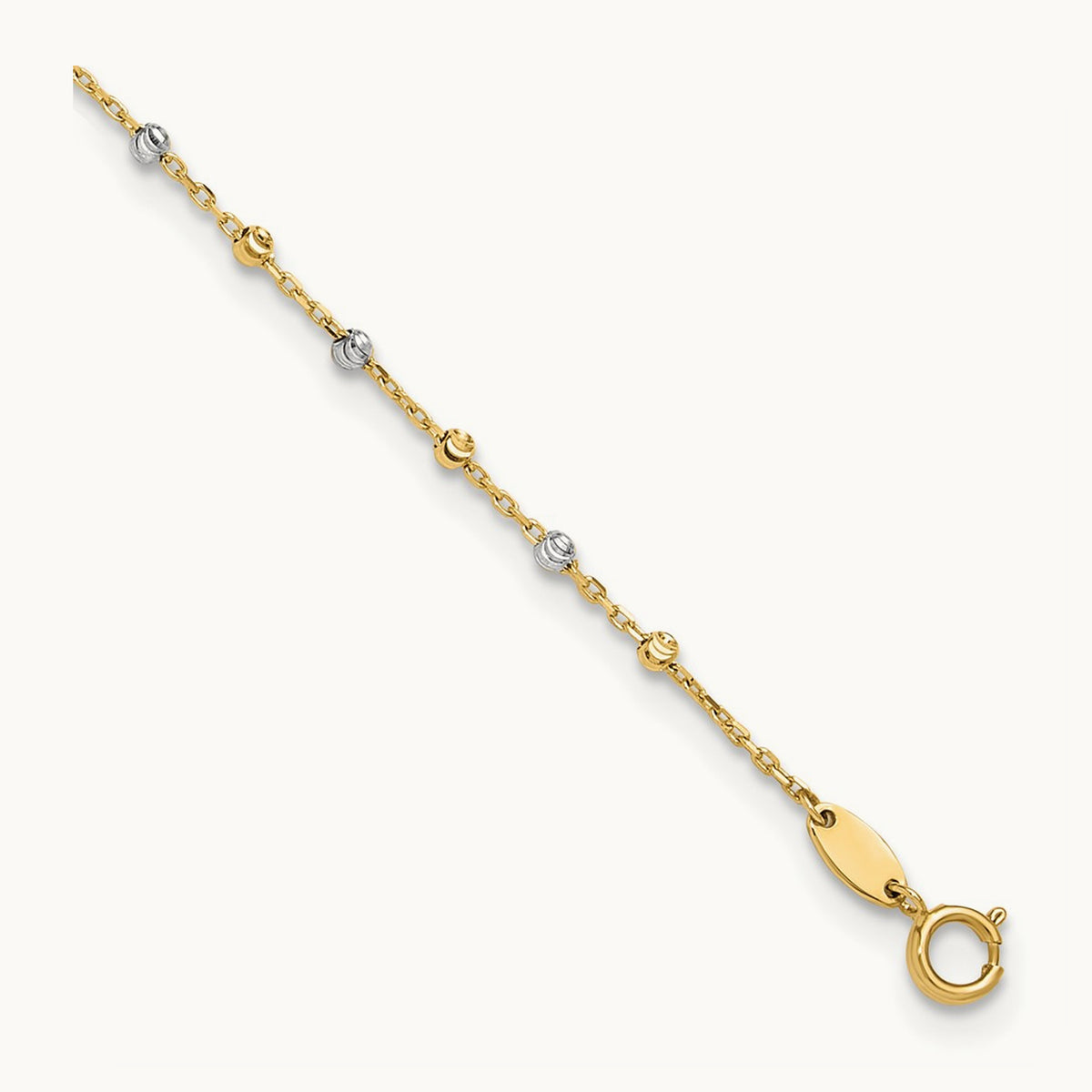 Polished and Diamond-cut Beads 10in Plus 1in ext. Anklet, 14K Two-tone