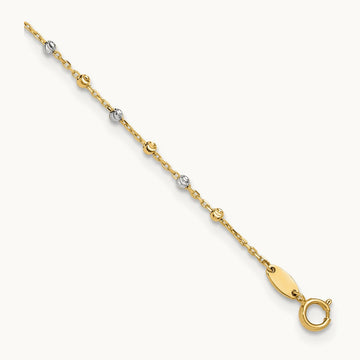 Polished and Diamond-cut Beads 10in Plus 1in ext. Anklet, 14K Two-tone