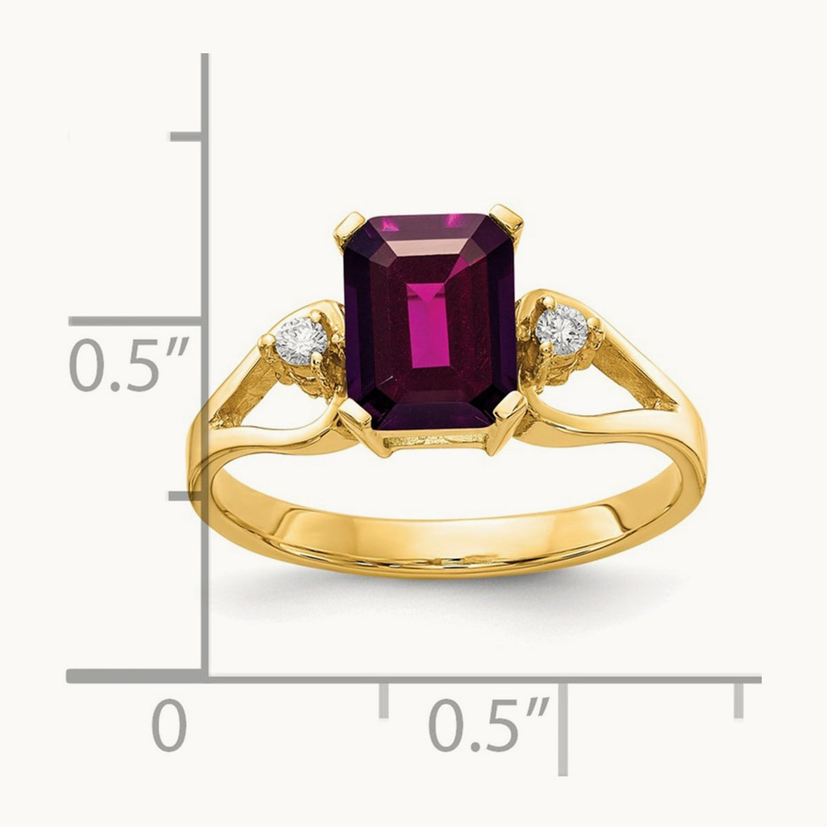 Emerald Cut Rhodolite Garnet Diamond Ring — 14K Yellow Gold, 8x6mm
