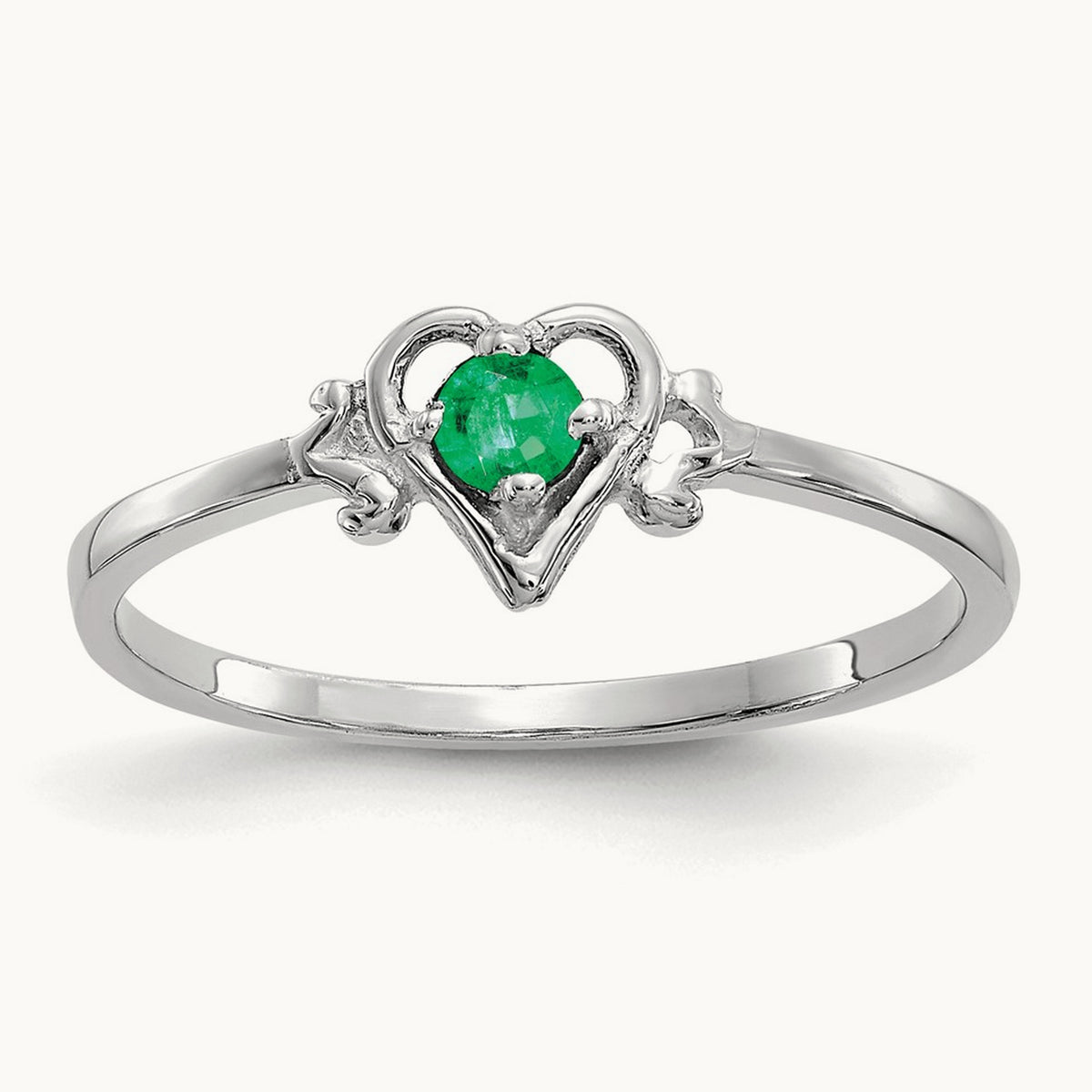 Emerald Birthstone Heart Ring — 14K White Gold, 7