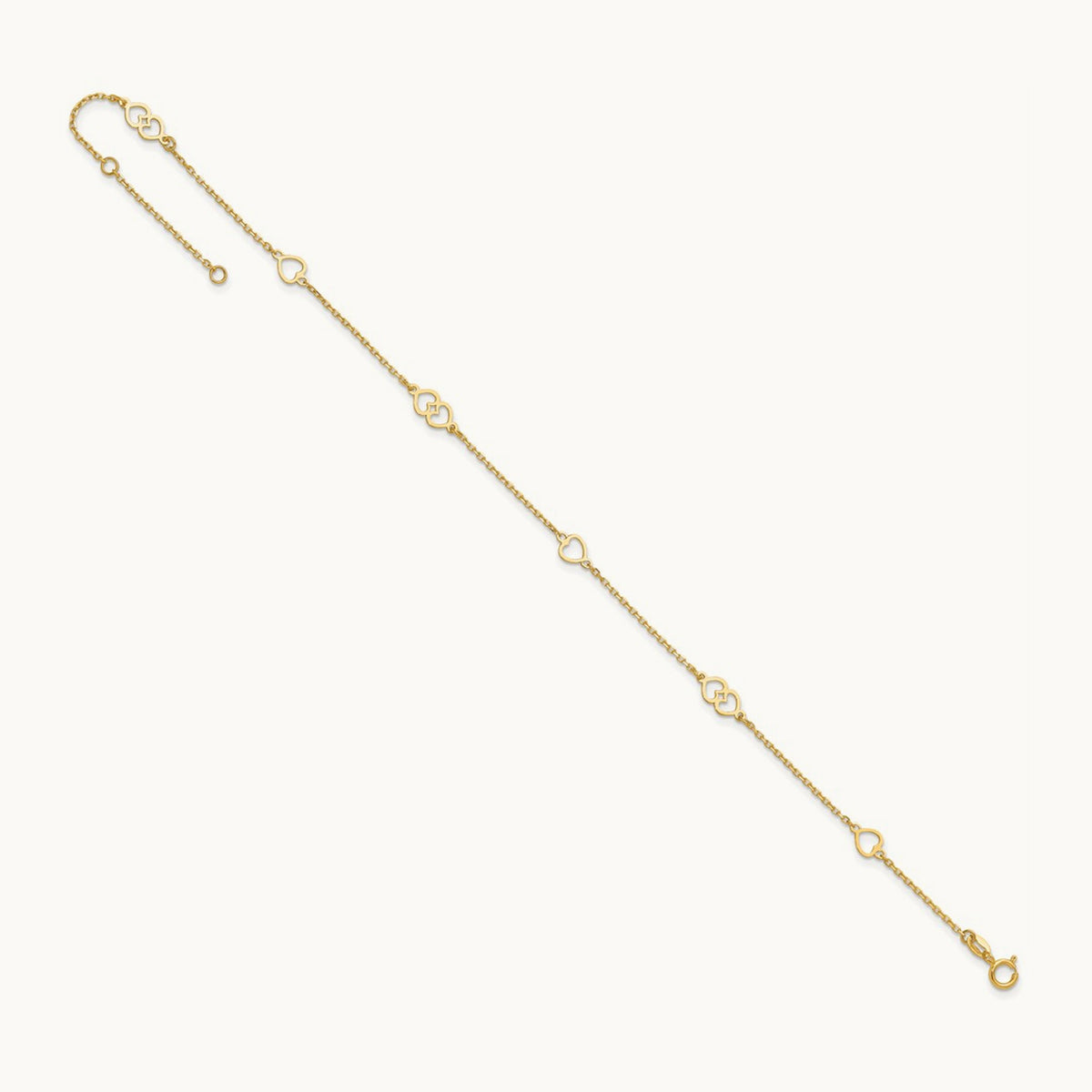 Polished Hearts 9in Plus 1 in ext. Anklet, 14K