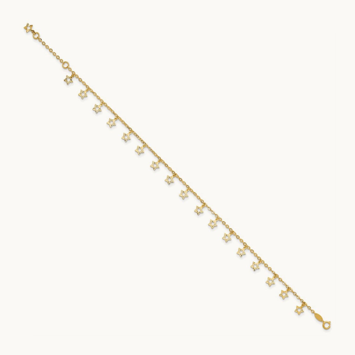 Polished and Textured Star 9in Plus 1in ext. Anklet, 14K
