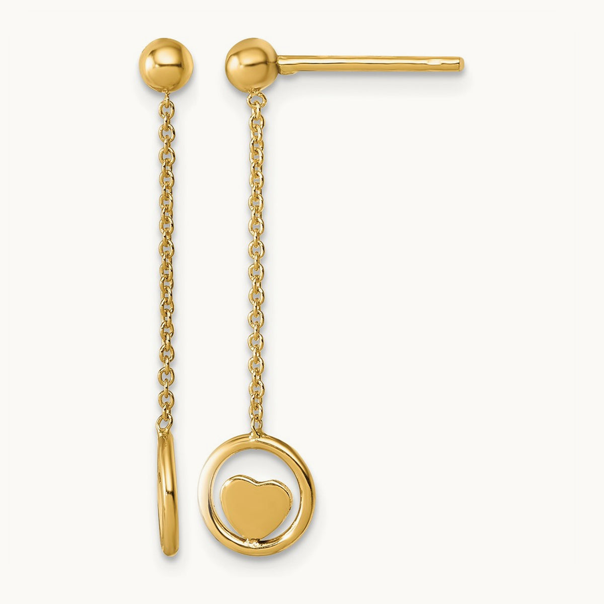 Polished Heart in Circle Dangle Post Earrings, 14K