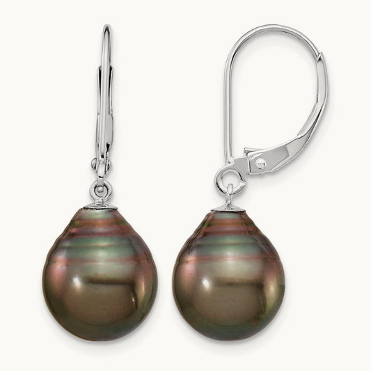 WG 10- Teardrop Saltwater Cultured Tahitian Leverback Earrings, 11mm, 14K