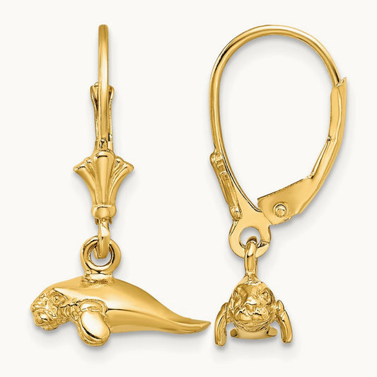 3-D Polished Mini Manatee Leverback Earrings, 14K