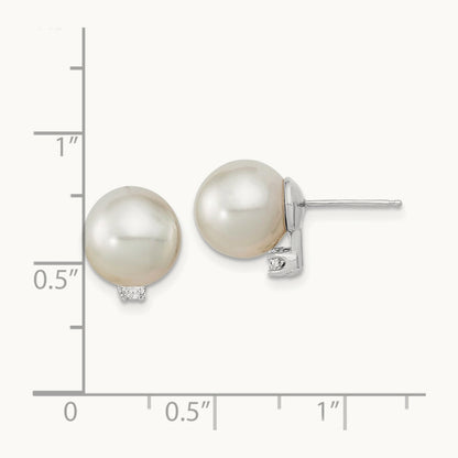 9- Round White Saltwater South Sea Pearl and Diamond Earrings, 10mm, 14K White Gold