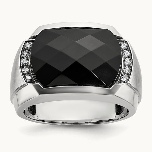 IBGoodman Men's Polished & Satin Faceted Onyx & Diamond Ring, 14K White Gold