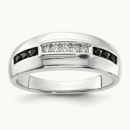 Complete White and Black Diamond Men's Ring, 14K White Gold