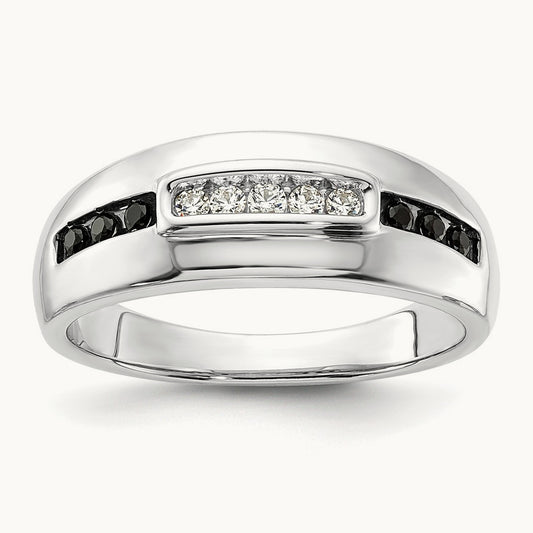 Complete White and Black Diamond Men's Ring, 14K White Gold