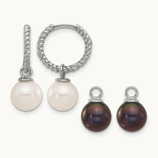 7- Black & White FWC Pearl Dangle Hoop Earrings, 8mm, 14K White Gold
