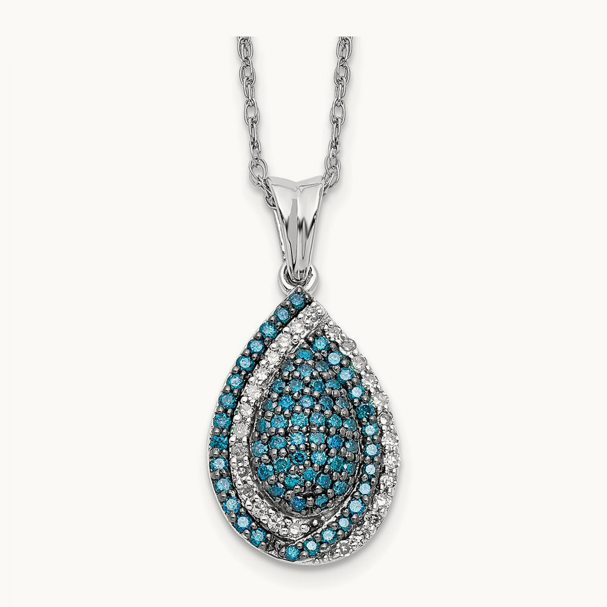 Blue and White Diamond Teardrop 18 in. Necklace, 14K White Gold