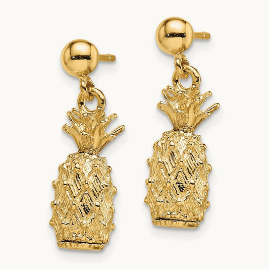 3-D Pineapple Dangle Post Earrings, 14K
