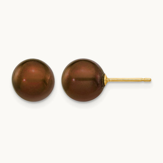 8- Brown Round Freshwater Cultured Pearl Stud Post Earrings, 9mm, 14K